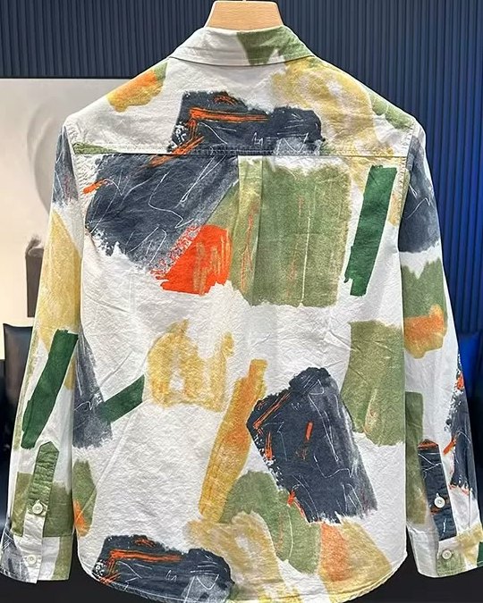 The back of the Forest Canvas shirt, showing the full brushstroke print.